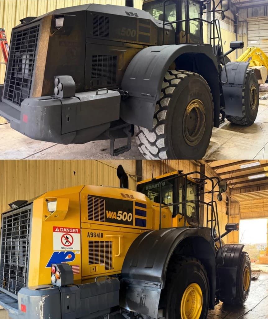 Before and after heavy equipment wash — Komatsu WA500 wheel loader in shop bay
