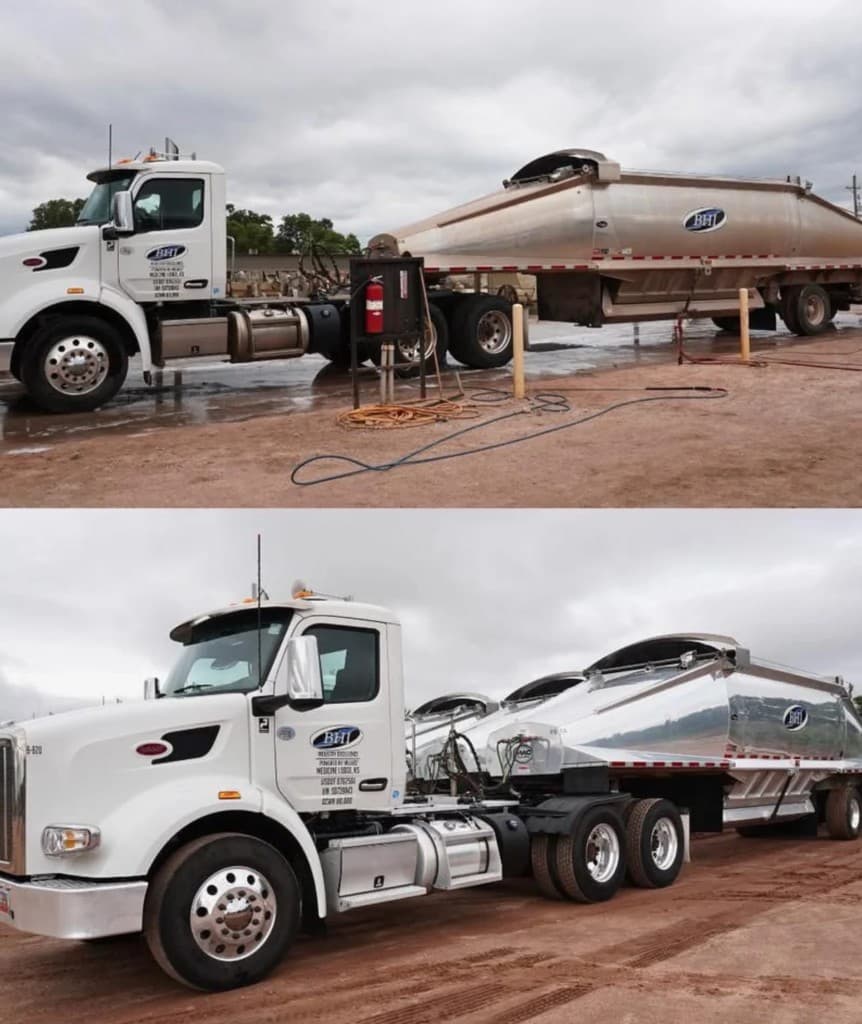 Before and after fleet washing — Peterbilt semi with silver tanker trailer (BHI branding)