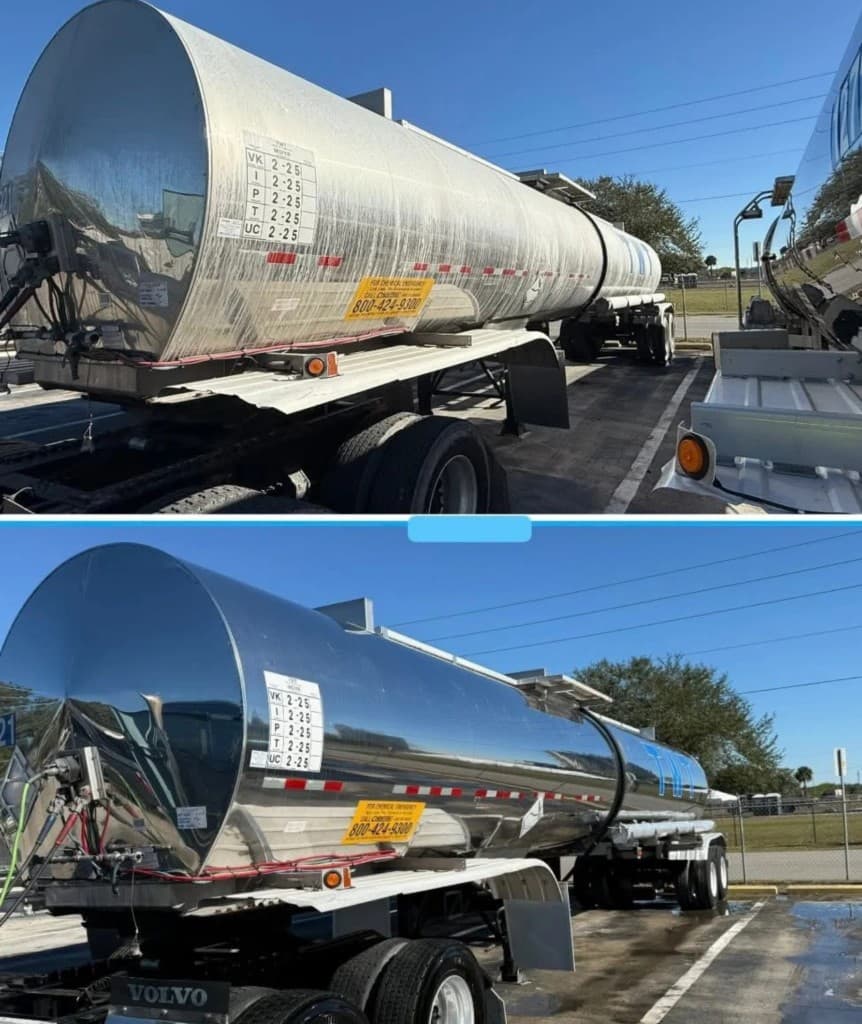 Before and after stainless tanker trailer washing — mirror finish after professional rinse