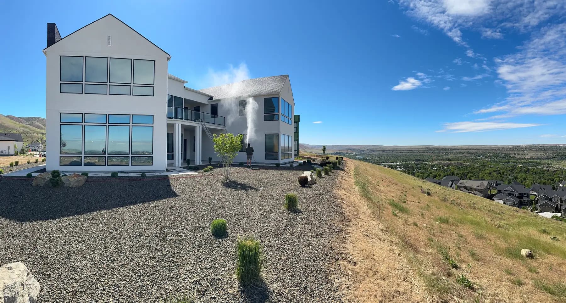 Soft wash on a large hillside home in Boise