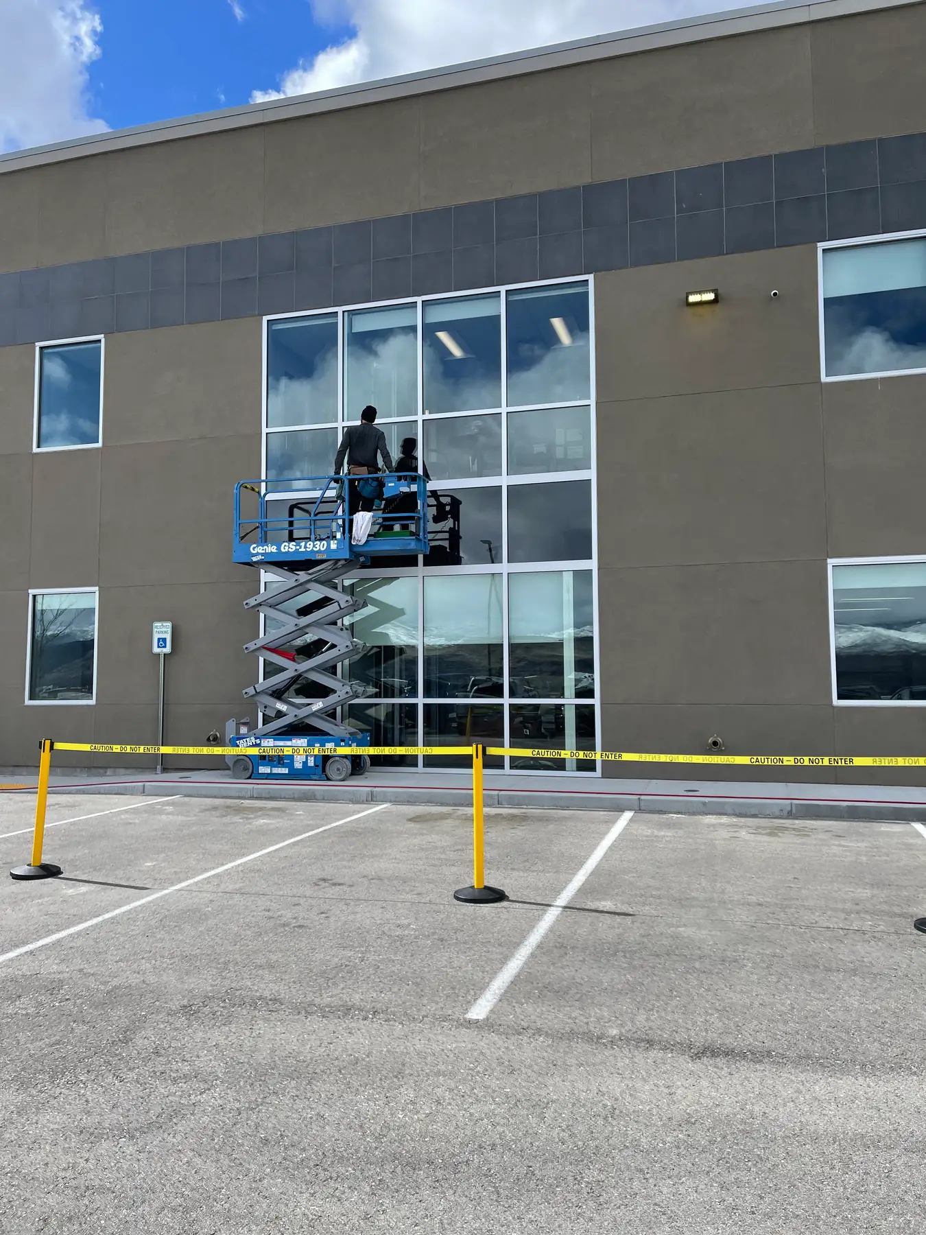 Commercial window cleaning using a lift in Boise