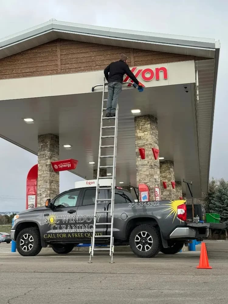 Sol Pressure Washing Boise work truck at a gas station cleaning project